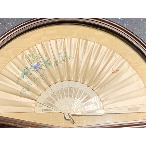 133 - Framed Vintage Silk Fan With Flower And Dragon Fly Decoration. 65 x 40 cms