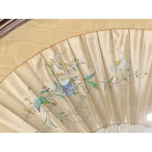 133 - Framed Vintage Silk Fan With Flower And Dragon Fly Decoration. 65 x 40 cms