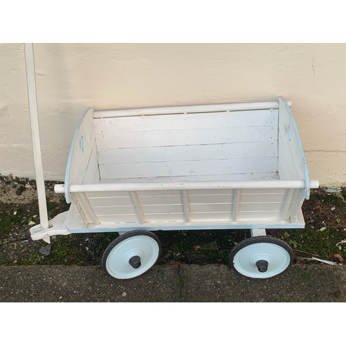 293 - Vintage Childs Painted Pull Along Cart. 80 cms Long Not Including Measurement Of Handle.