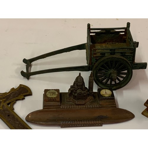 329 - Various Interesting Items To Include A Copper French Desk Tidy Along With A Metal Cart 33 cms Long A... 