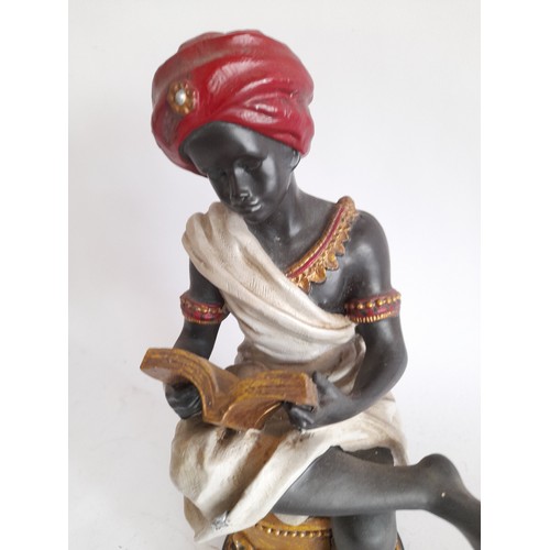 7 - Female composite Blackamoor figure of a lady in Red Turban sat cross legged reading a book. 29cm hig... 