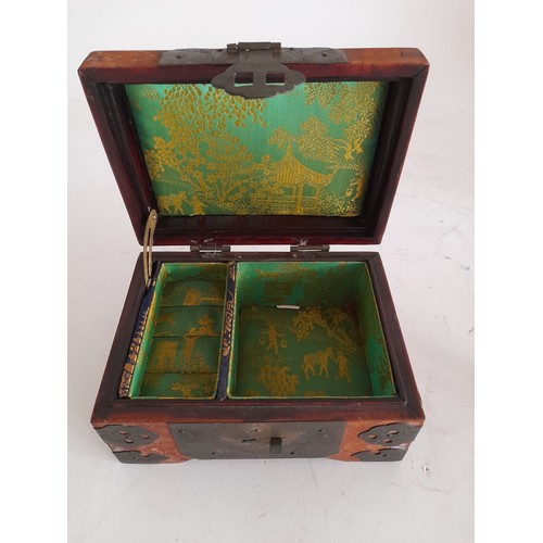 11 - Small wooden Chinese box with 2 compartments along with a brass Chinese lock. 13.5 x 10 x 7cms