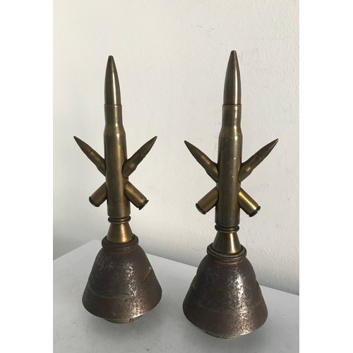 107 - Antique WW1 Pair Of Trench Art Cartridge Crucifix Mounted On Inert Bomb Fuse Bases
23 cms h