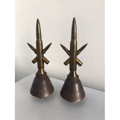 107 - Antique WW1 Pair Of Trench Art Cartridge Crucifix Mounted On Inert Bomb Fuse Bases
23 cms h