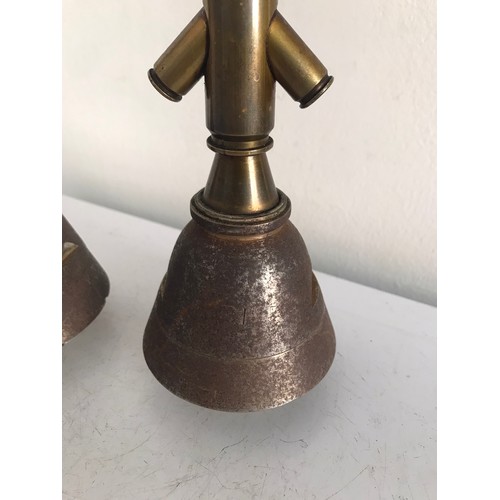 107 - Antique WW1 Pair Of Trench Art Cartridge Crucifix Mounted On Inert Bomb Fuse Bases
23 cms h