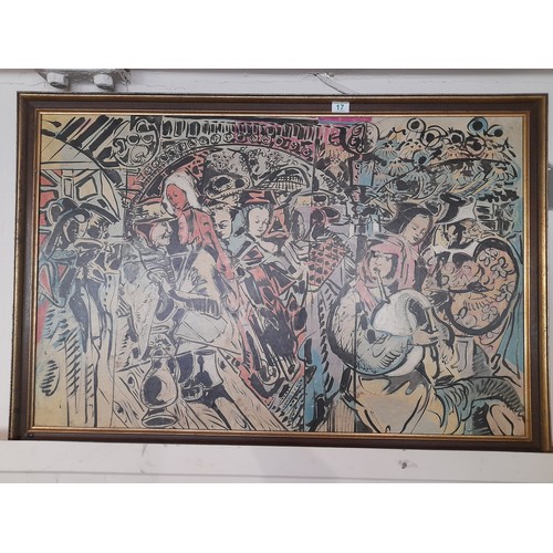 17 - large European  ink on paper stuck to board picture of a crowd of people 79cm x 116cm. signed lower ... 