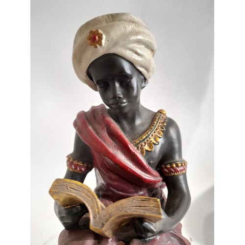 18 - Composite blackamoor figure of a woman sat cross legged reading a book in a white turban. 29cm high