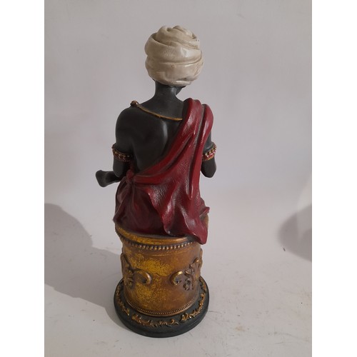 18 - Composite blackamoor figure of a woman sat cross legged reading a book in a white turban. 29cm high