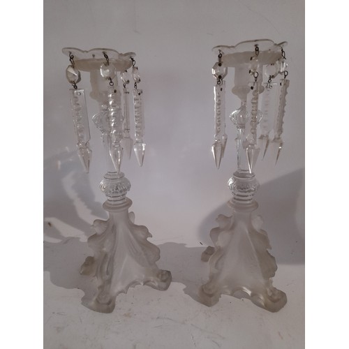 30 - Pair of glass Candlestick Lustres with bird detail to frosted feet, 29cm high