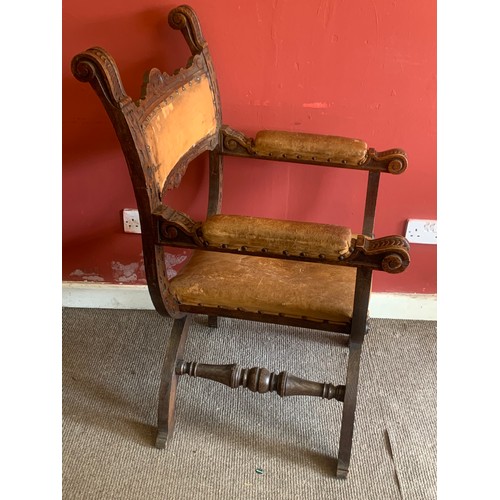 1 - Antique Carved Wood And Leather X Frame Chair.