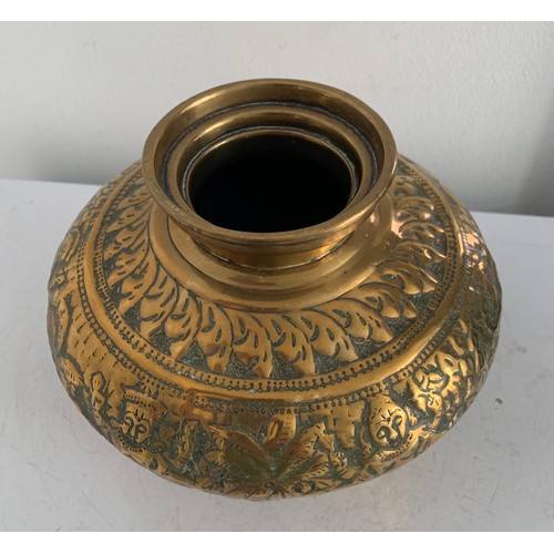 111 - Antique Indian Brass Vase Embossed And Chased With Figural Decoration
18 cms diameter x 14 cms h