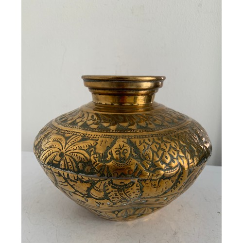 111 - Antique Indian Brass Vase Embossed And Chased With Figural Decoration
18 cms diameter x 14 cms h