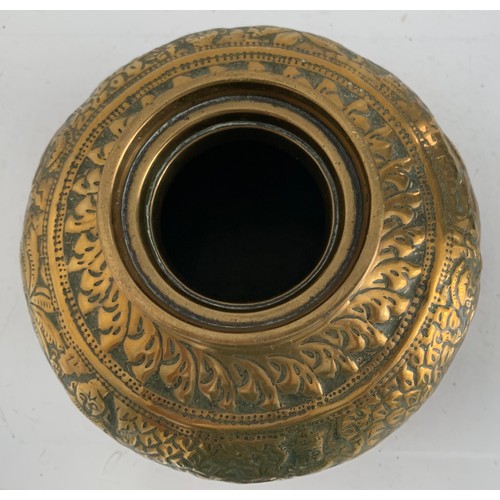 111 - Antique Indian Brass Vase Embossed And Chased With Figural Decoration
18 cms diameter x 14 cms h