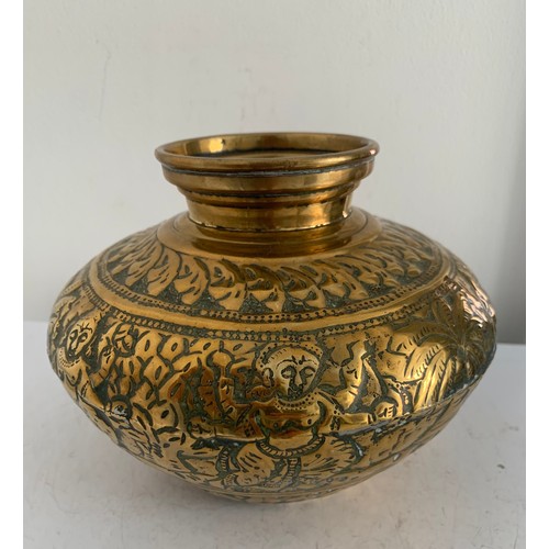 111 - Antique Indian Brass Vase Embossed And Chased With Figural Decoration
18 cms diameter x 14 cms h