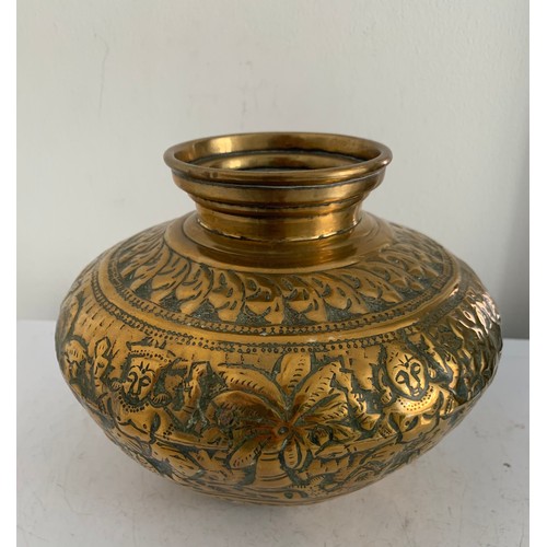 111 - Antique Indian Brass Vase Embossed And Chased With Figural Decoration
18 cms diameter x 14 cms h