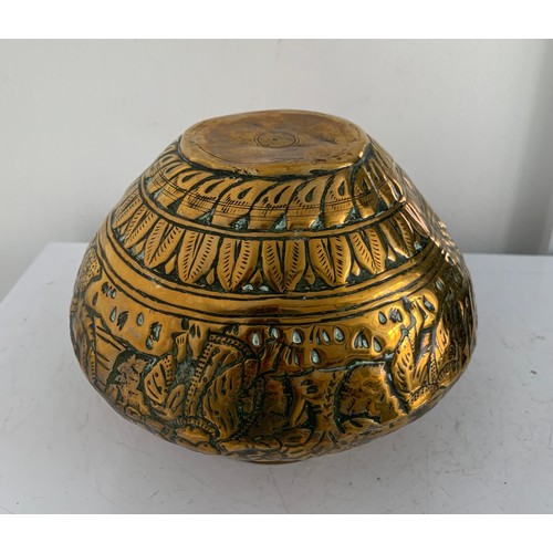 111 - Antique Indian Brass Vase Embossed And Chased With Figural Decoration
18 cms diameter x 14 cms h