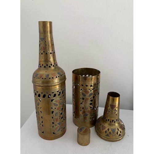 122 - 2 x Vintage Indian Sri Lankan Handcrafted Brass Bottle Covers / Holders
29 cms h