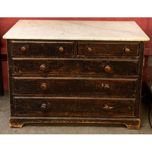 18 - Vintage Two Over Three Chest Of Drawers With A Marble Top. 108 x 57 x 77 cms