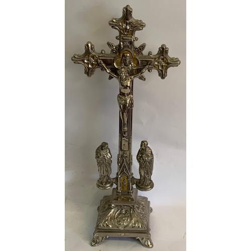 163 - Nice Quality White Metal Altar Cross With Gilt Colour Inlay. 45 cms High