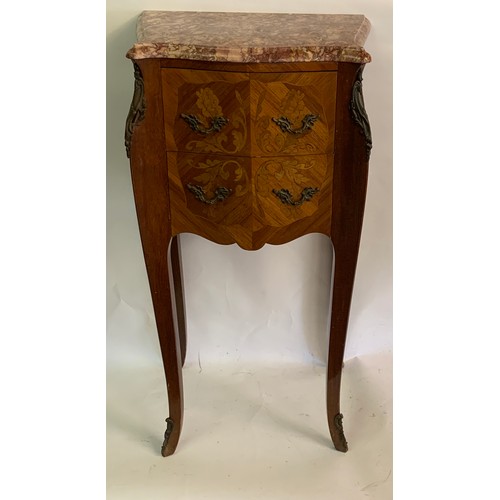 25 - Two Drawer Marble Top French Bedside Cabinet. 43 x 31 x 76 cms