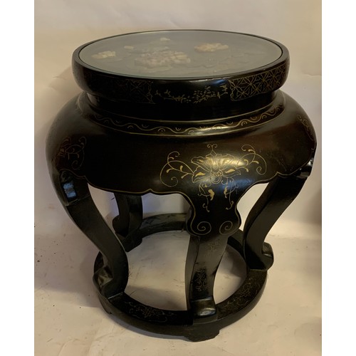 64 - Chinese Lacquered Jardinière With A Glazed Top And Chinese Hardstone Decoration. 47 x 48 cms