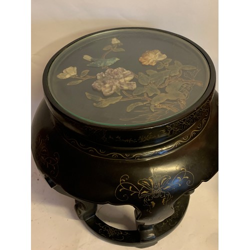 64 - Chinese Lacquered Jardinière With A Glazed Top And Chinese Hardstone Decoration. 47 x 48 cms