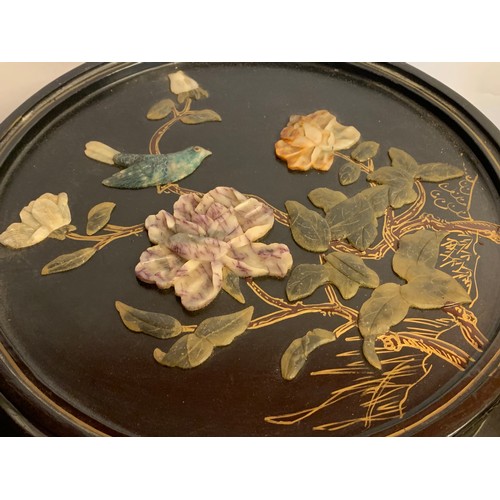 64 - Chinese Lacquered Jardinière With A Glazed Top And Chinese Hardstone Decoration. 47 x 48 cms