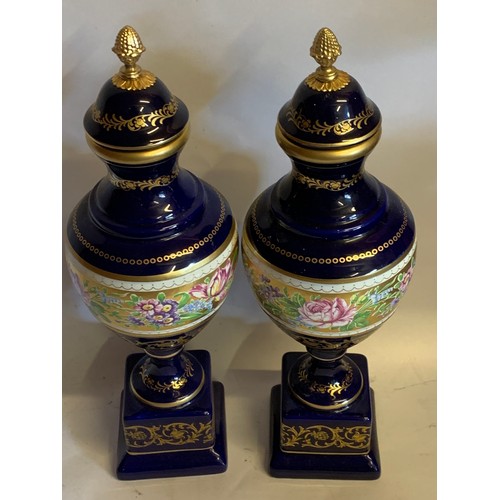 10 - Pair Of Sevres Style Cassolettes With Floral Decoration. 38 cms High (Crack To The Top Of One )  (2)