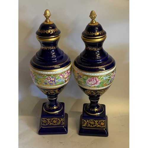 10 - Pair Of Sevres Style Cassolettes With Floral Decoration. 38 cms High (Crack To The Top Of One )  (2)