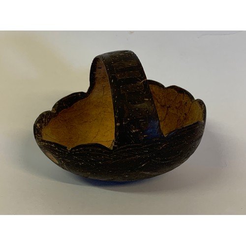 156 - Antique Decoratively Carved Coconut Shell In The Form Of A Basket.