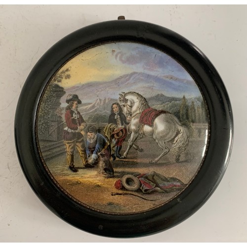 114 - 19thC c1860 Framed Prattware Pot Lid No 351, Preparing For The Ride