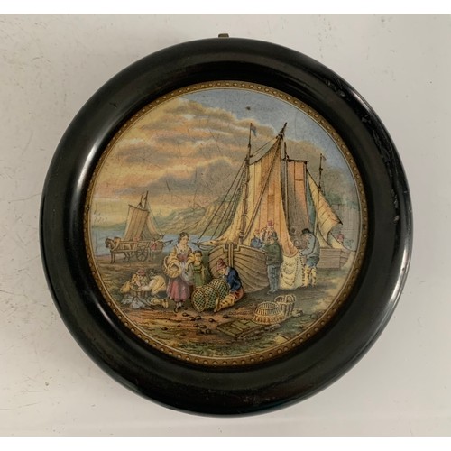 118 - 19thC C1860 Framed Prattware Pot Lid No 54 Mending The Nets