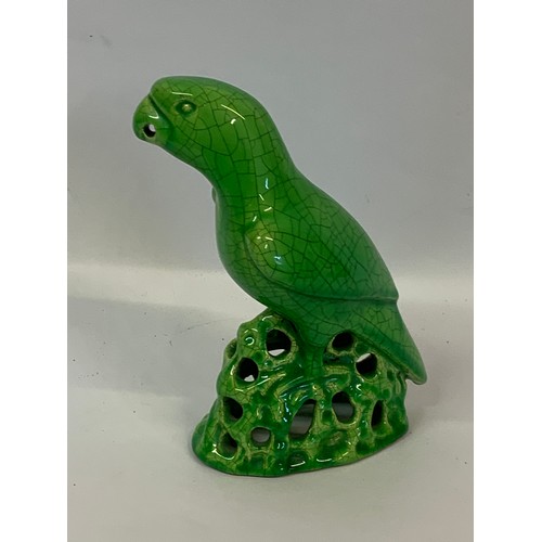 165 - Green Crackle Glaze Figure Of A Green Parrot. 18 cms