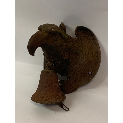 167 - Large Cast Iron Bell With Mounted Eagle  Figure. 26 x 28 cms