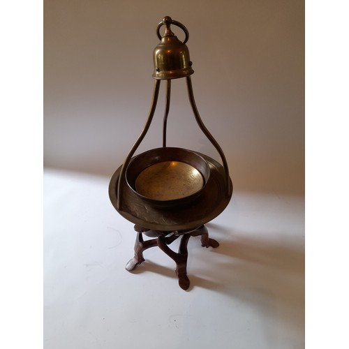 23 - Carved snake wood bowl stand along with 2 x items of brassware and a copper bowl