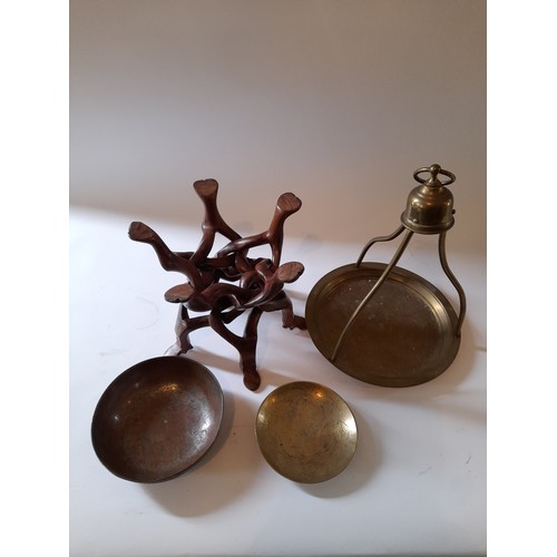 23 - Carved snake wood bowl stand along with 2 x items of brassware and a copper bowl