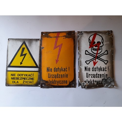 37 - 3 x Enamel metal continental vintage warning signs largest 25cm x 15cm