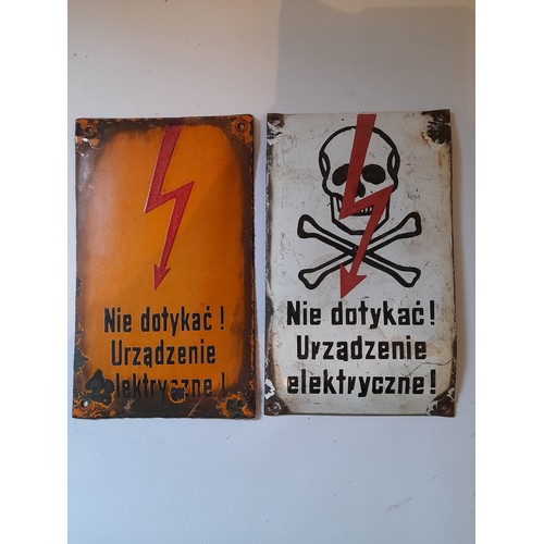 38 - 2 vintage continental Enamel metal warning signs. 25cm x 15cm