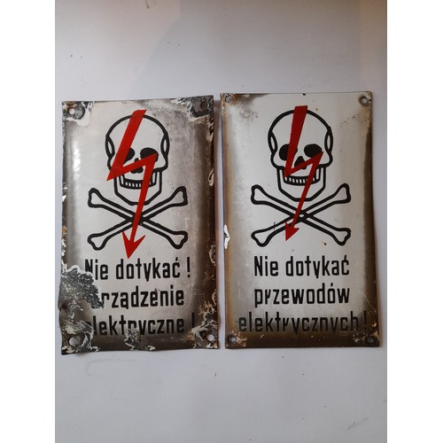 39 - 2 vintage continental Enamel metal warning signs. 25cm x 15cm