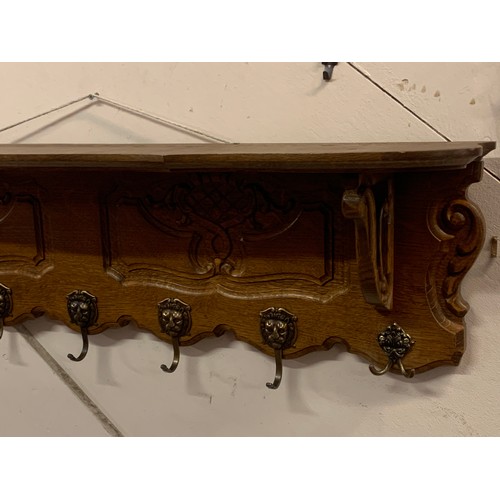 16 - Vintage French Coat Hook Shelf With Decorative Lion Head Hooks. 111 x 18 x 32 cms