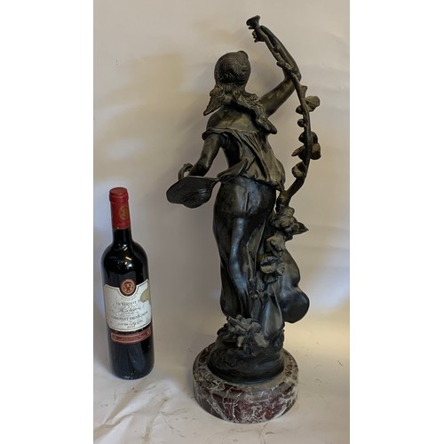 221 - Large Mounted On Marble Bronze Figure Of A Lady With Flowers. Signed Moreau To Base. 57 cms High