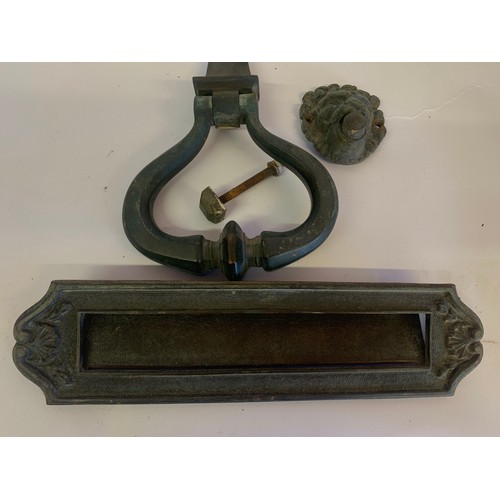 189 - Antique Bronze Door Knocker Along With A Bronze Lion Head Door Bell, Letter Box Etc