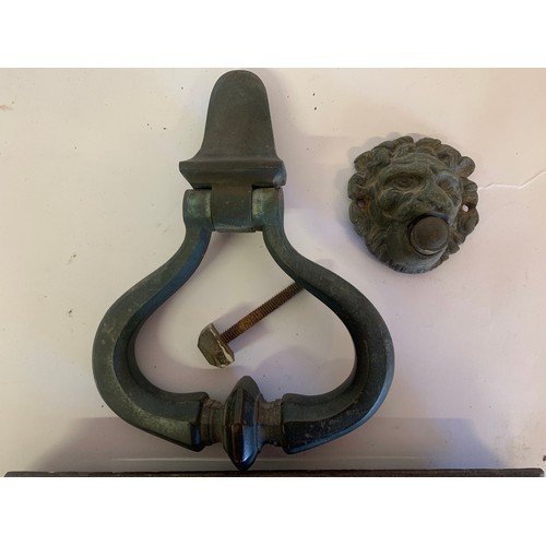 189 - Antique Bronze Door Knocker Along With A Bronze Lion Head Door Bell, Letter Box Etc