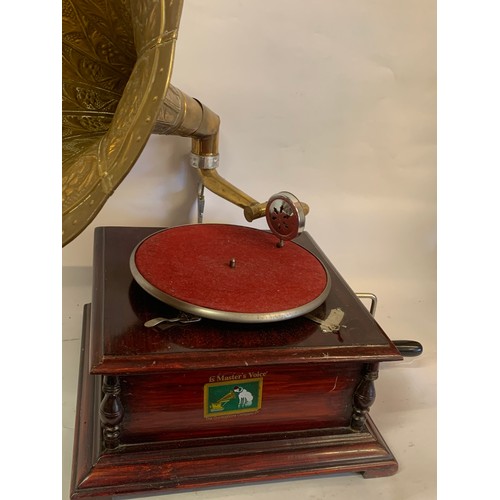 210 - His Masters Voice Gramophone With Decorative Brass Horn. Movement Works and winds up.