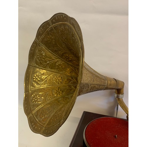 210 - His Masters Voice Gramophone With Decorative Brass Horn. Movement Works and winds up.