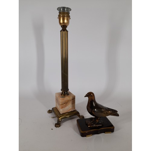 79 - Reeded Corinthium Column with Onyx base table lamp 45cm high along with bronzed bird desk piece 16cm... 