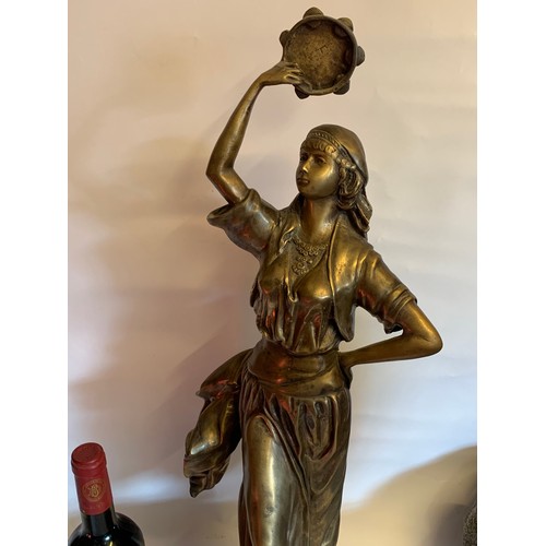 247 - Large Signed Bronze Figure Of A Tambourine Playing Lady Mounted On A Marble Base. 69 cms High