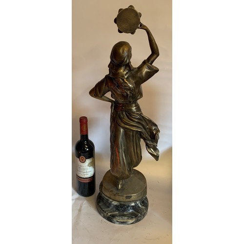 247 - Large Signed Bronze Figure Of A Tambourine Playing Lady Mounted On A Marble Base. 69 cms High