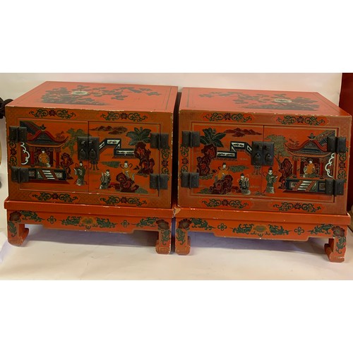 28 - Pair Of Chinoiserie Chinese Painted Cabinets On Stands. 51 x 31 x 46 cms (2)