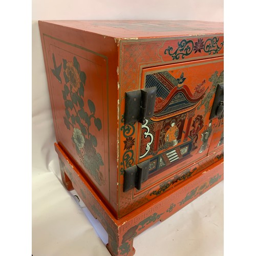 28 - Pair Of Chinoiserie Chinese Painted Cabinets On Stands. 51 x 31 x 46 cms (2)